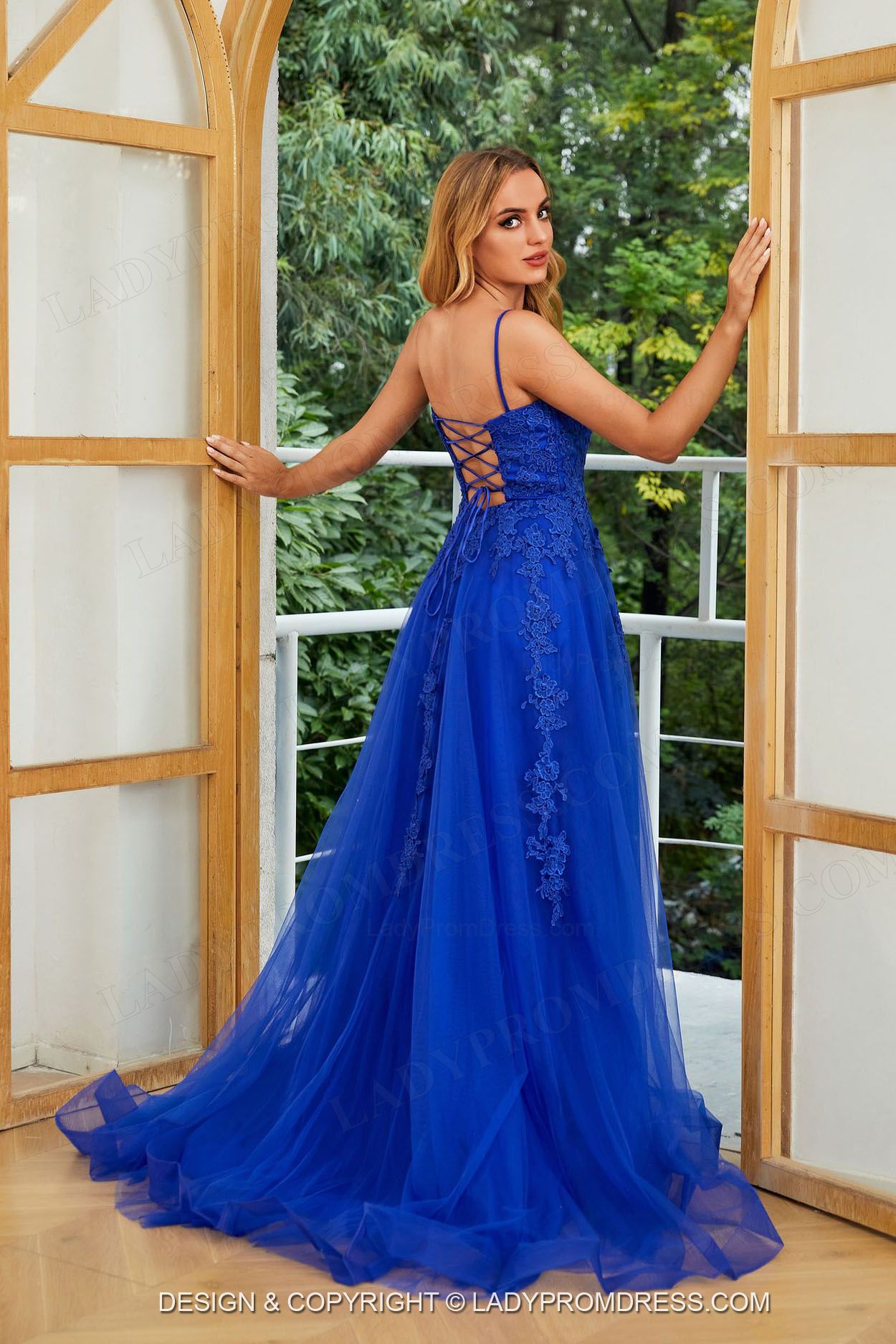 2023 A Line Sweetheart Neck Royal Blue Side Slit Tulle Prom Dresses With Appliques