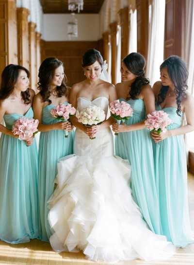 2023 A Line Mint Chiffon Sweetheart Long Bridesmaid Dresses / Gowns