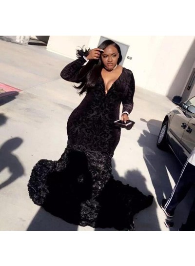 2024 New Arrival Long Sleeve Mermaid Velvet Black V-neck Prom Dresses