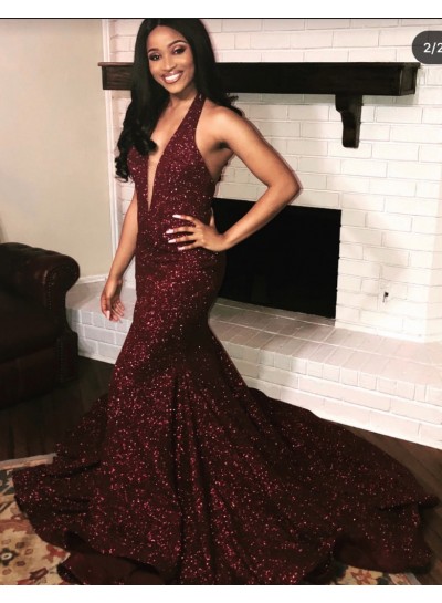 Sexy Deep V Neck Shiny Burgundy Backless Sequence Prom Dresses 2023