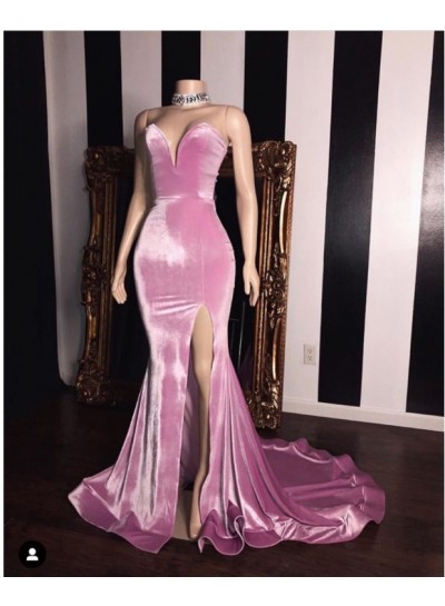 2023 Sweetheart Peach Split Mermaid Satin Prom Dresses