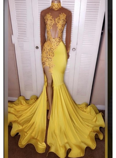 2023 Junoesque Yellow Split Mermaid/Trumpet Long Sleeve Satin Prom Dresses