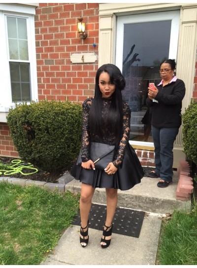 A-Line Bateau Long Sleeves Backless Black Short Homecoming Dress 2024 with Lace