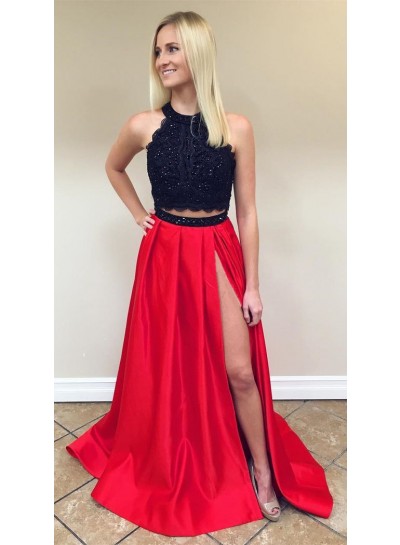 2024 Charming Princess/A-Line Black And Red Two Pieces Satin Prom Dresses