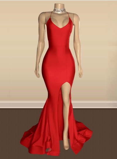 2023 Sheath Satin Spaghetti Straps Sleeveless Sweep Train Prom Dresses
