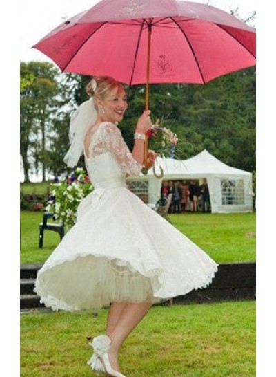Distinct Lace Bateau Half sleeve A-line Knee Length Wedding Dresses / Gowns