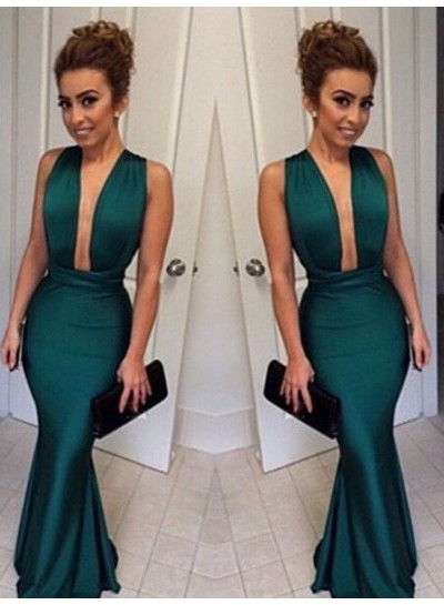 V-Neck Column/Sheath Satin Prom Dresses