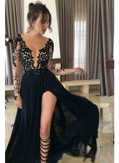 2023 Junoesque Black Sexy Split Sheer Sleeves Lace Prom Dresses