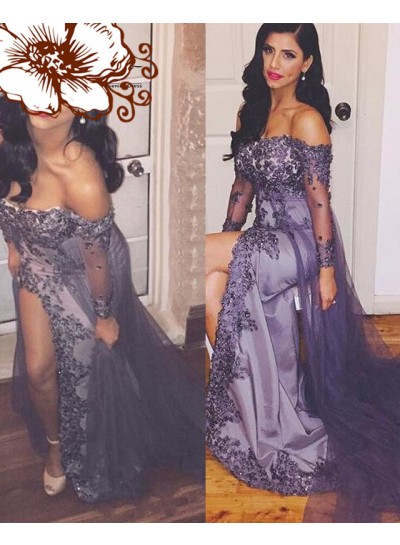 2024 Sexy Column/Sheath Off The Shoulder Side Slit Long Sleeves Lavender Prom Dresses
