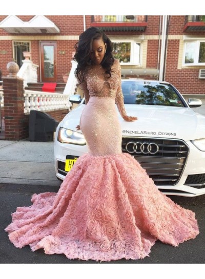 Amazing Pink Long Sleeves Rose Mermaid Transparent Prom Dresses With Beads 
