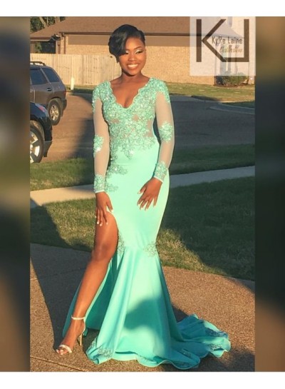 Long Sleeves Sheath V Neck Side Slit Elastic Satin With Appliques Mint Green Prom Dresses
