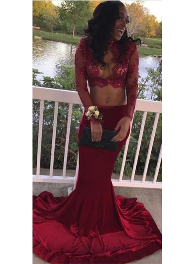 Charming Sweetheart Burgundy Long Sleeves Two Pieces Prom Dresses 