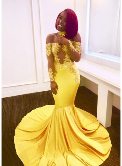 Off Shoulder Mermaid Long Sleeves Yellow Long Train Prom Dresses With Appliques 