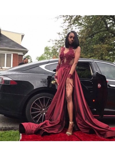 A Line Side Slit Burgundy Long Sleeves Appliques Satin Prom Dresses