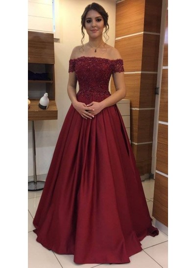 Elegant A Line Off Shoulder Satin Burgundy Prom Dresses With Appliques
