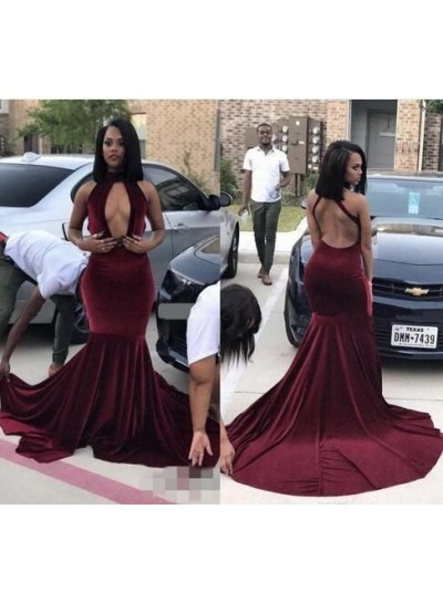 Sexy Deep V Neck Burgundy Velvet Backless Prom Dresses With Long Train