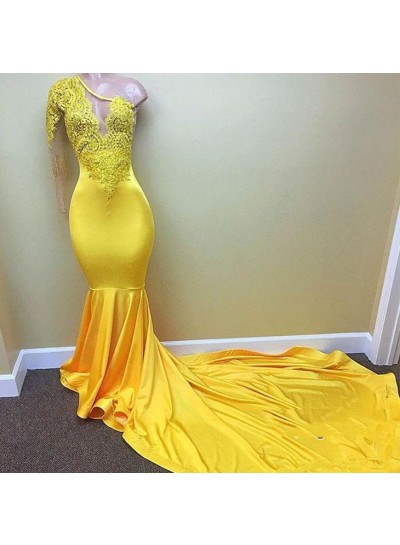 Charming One Shoulder Yellow See Through Mermaid Long Prom Dresses