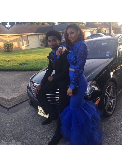 Charming Royal Blue Tulle Long Sleeves Mermaid Two Pieces African Pleated Lace Prom Dresses