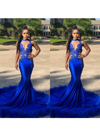 New Arrival Mermaid See Through Royal Blue With Feathers African Long Prom Dresses
