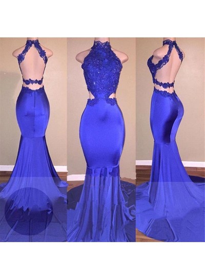 Sexy Mermaid Royal Blue Backless With Appliques High Neck Long Prom Dresses