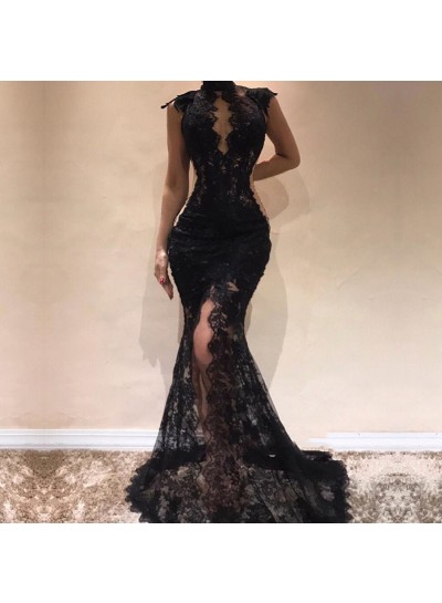 High Neck Black Side Slit Lace Mermaid Long Backless Prom Dresses