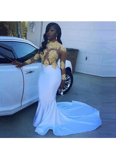 Long White Prom Dresses With Gold Appliques Mermaid Long Sleeves See Through