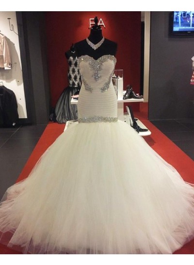 New Designer Ivory Sweetheart Tulle Beaded Long Mermaid Wedding Dresses