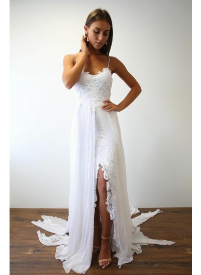 A Line Chiffon High Low Lace Spaghetti Straps Beach Wedding Dresses