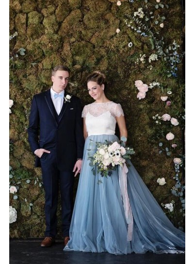 2023 New Arrival A Line Tulle White With Blue Capped Sleeves Lace Wedding Dresses