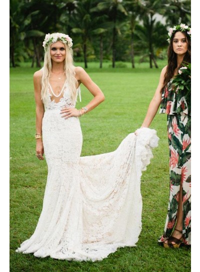 Sexy V Neck Sheath Lace Backless 2024 Outdoor Backless Wedding Dresses
