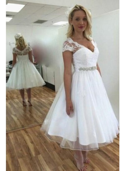 2023 New Arrival A Line Sweetheart White Tea Length Capped Sleeves Short Wedding Dresses