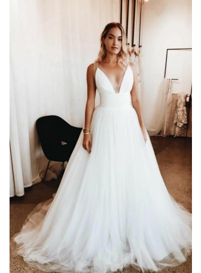 Elegant A Line Deep V Neck Ivory Tulle Long 2023 Wedding Dresses