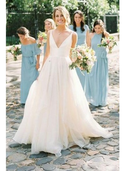 Amazing A Line Chiffon V Neck Backless Long Outdoor Wedding Dresses 2023
