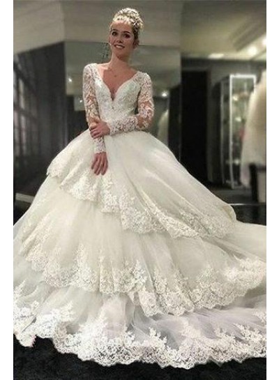 2024 Luxury A Line Layered Long Sleeves Sweetheart Long Lace Wedding Dresses 2024