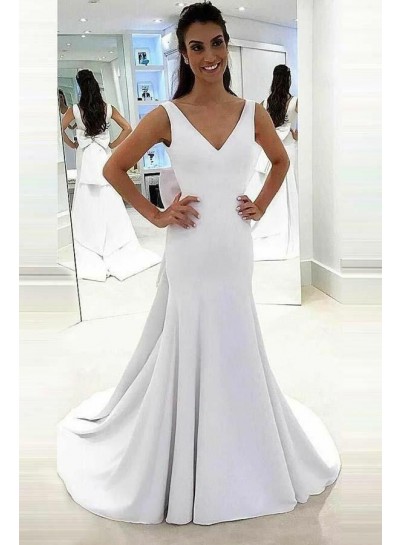 2024 Classic Sheath V Neck Satin Bowknot Long Wedding Dresses
