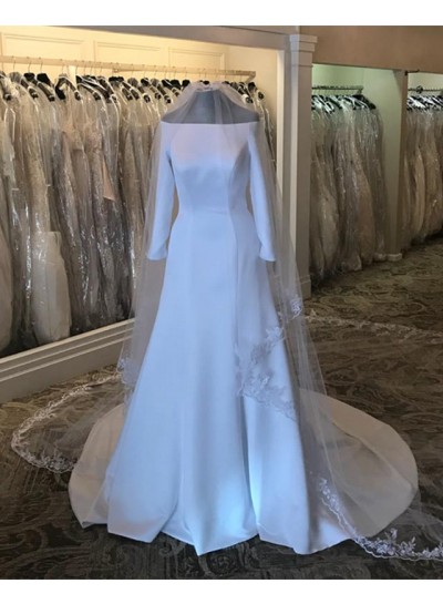 2024 New Arrival A Line Satin Off Shoulder Long Sleeves Long Wedding Dresses