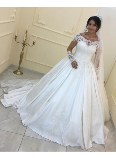 Long Sleeves Off Shoulder Satin Ball Gown Long Wedding Dresses 2024