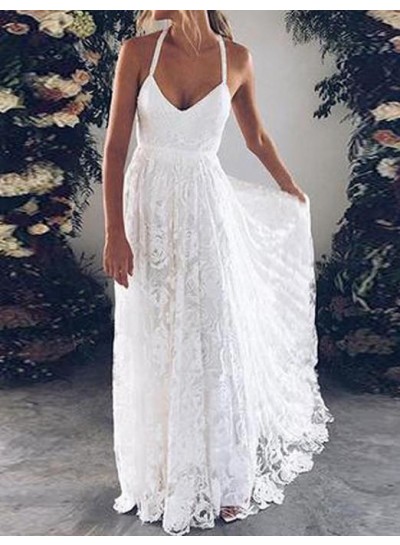 A Line Halter Sweetheart Lace Backless Beach Wedding Dresses 2024