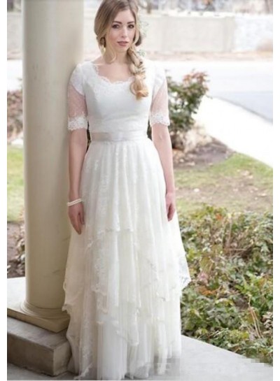 2023 Classic A Line Round Neck Half Sleeves Lace Layered Lace Up Back Beach Wedding Dresses