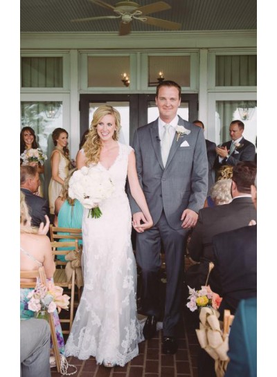 2024 New Arrival Sheath V Neck Capped Sleeves Backless Lace Wedding Dresses