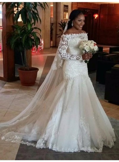 Charming Mermaid Off Shoulder Long Sleeves Ivory Lace Long Wedding Dresses 2024