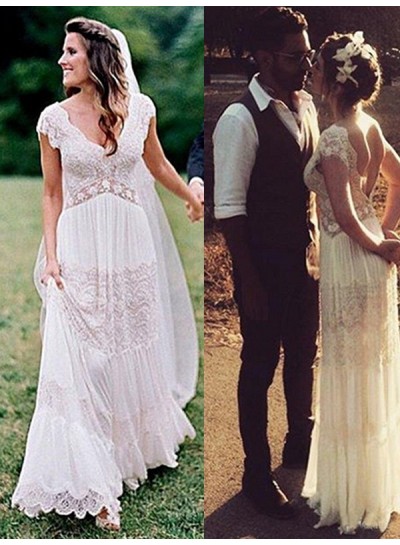 Elegant A Line V Neck Lace Floor Length Backless Beach Wedding Dresses 2023
