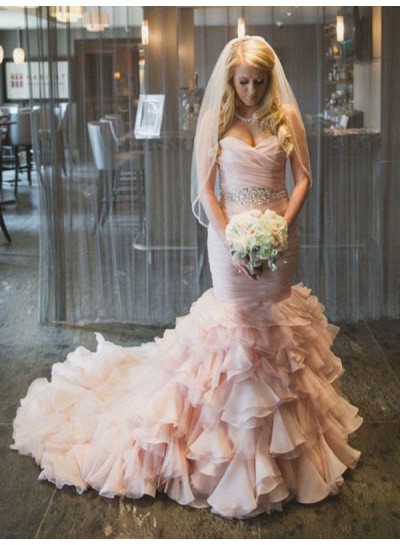 2023 Luxury Mermaid Sweetheart Organza Long Lace Up Pink Layered Wedding Dresses 