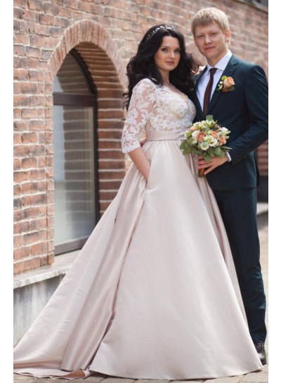 2023 A Line Satin Champagne Long Sleeves Sweetheart Lace Plus Size Wedding Dresses