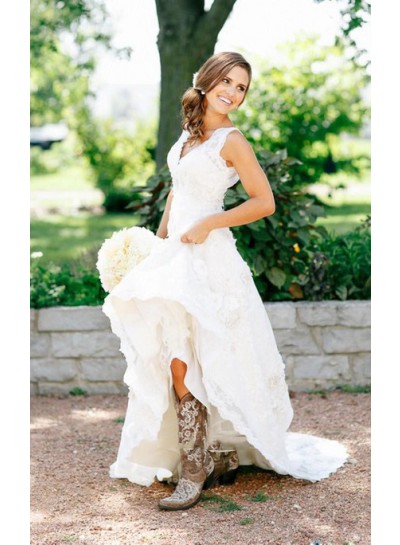 2024 Vintage A Line V Neck Lace Long Wedding Dresses