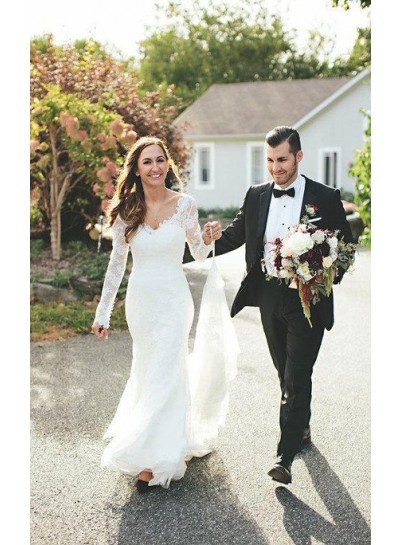 2024 Charming Mermaid V Neck Lace Long Sleeves Backless Wedding Dresses