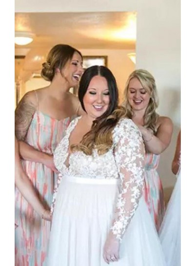 2023 A Line Sweetheart Backless Long Sleeves Plus Size Wedding Dresses