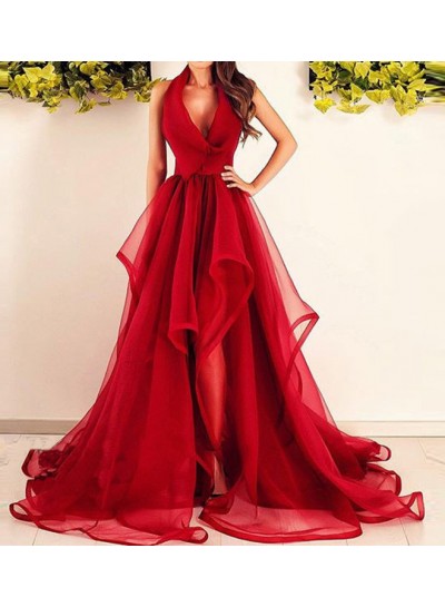 2023 V-Neck A-Line/Princess Sleeveless Ruffles Halter Organza Asymmetrical Prom Dresses