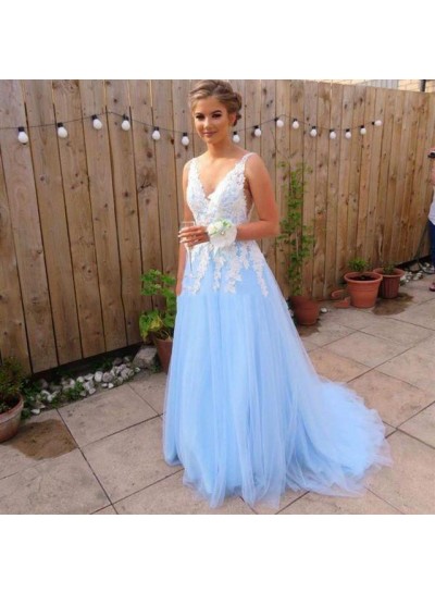 Elegant A Line Tulle Blue And White Appliques V Neck Long Prom Dresses 2023