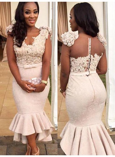 2024 Newly Mermaid Pearl Pink Tea Length Lace Ruffles Pleated Short Prom Dresses